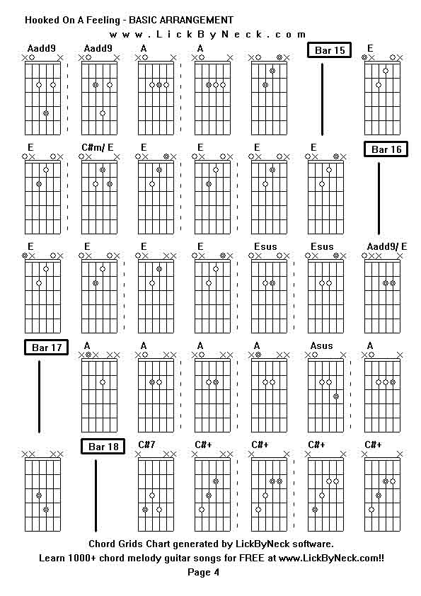 Chord Grids Chart of chord melody fingerstyle guitar song-Hooked On A Feeling - BASIC ARRANGEMENT,generated by LickByNeck software.